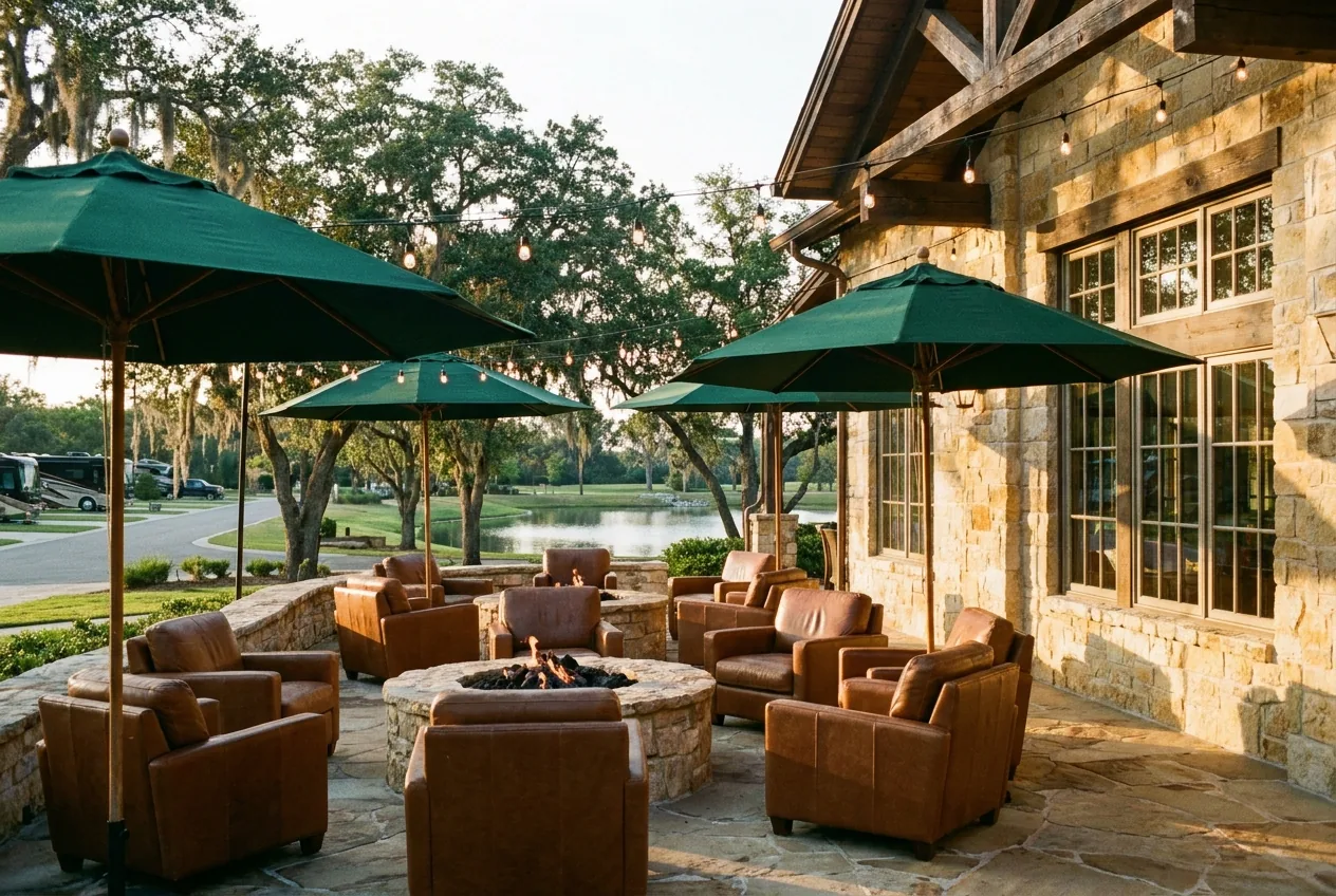 The Owners Club terrace at golden hour, overlooking the resort grounds